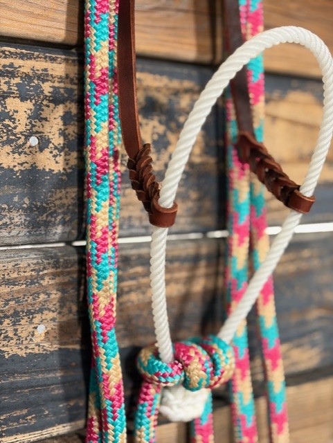 15-1.jpg Loping Hackamore – White/Turquoise, Pink, & Tan - Image 1